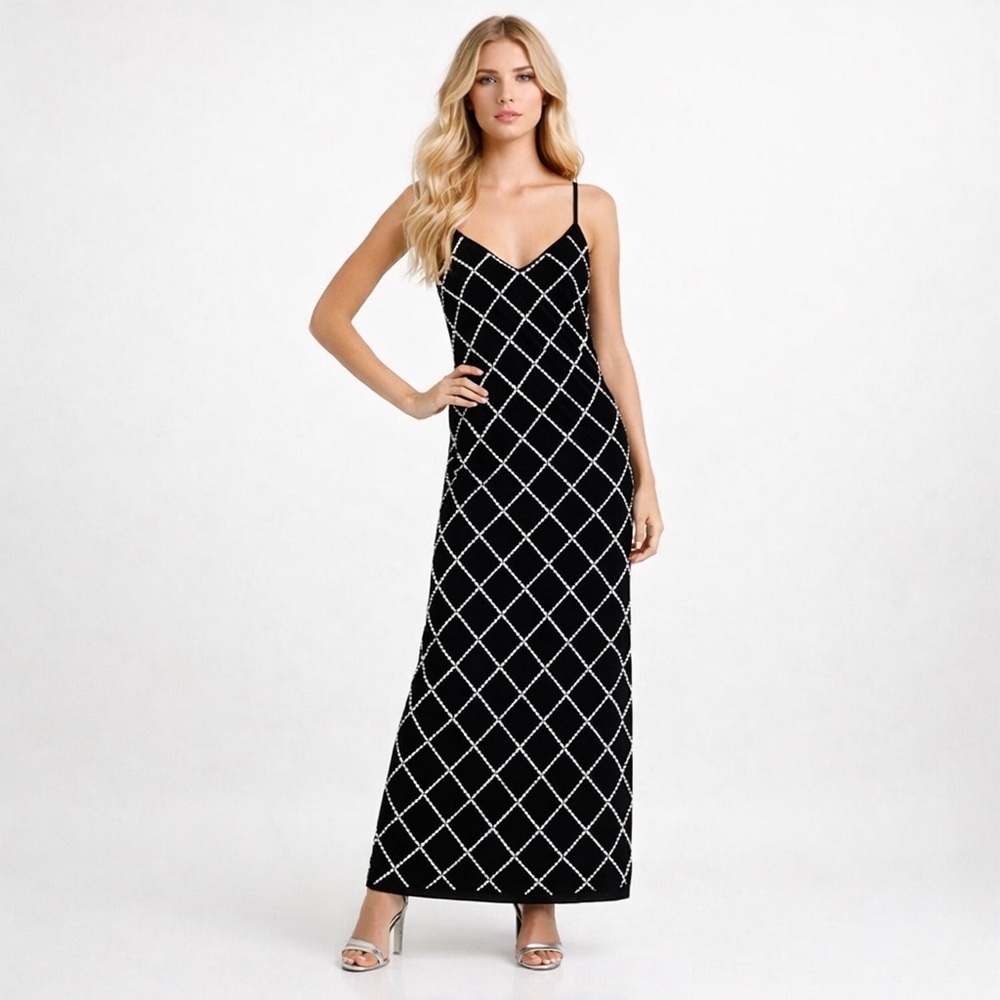 Ramy Brook Size 0 Black Omega Rhinestone Velvet Maxi Dress Spaghetti Straps